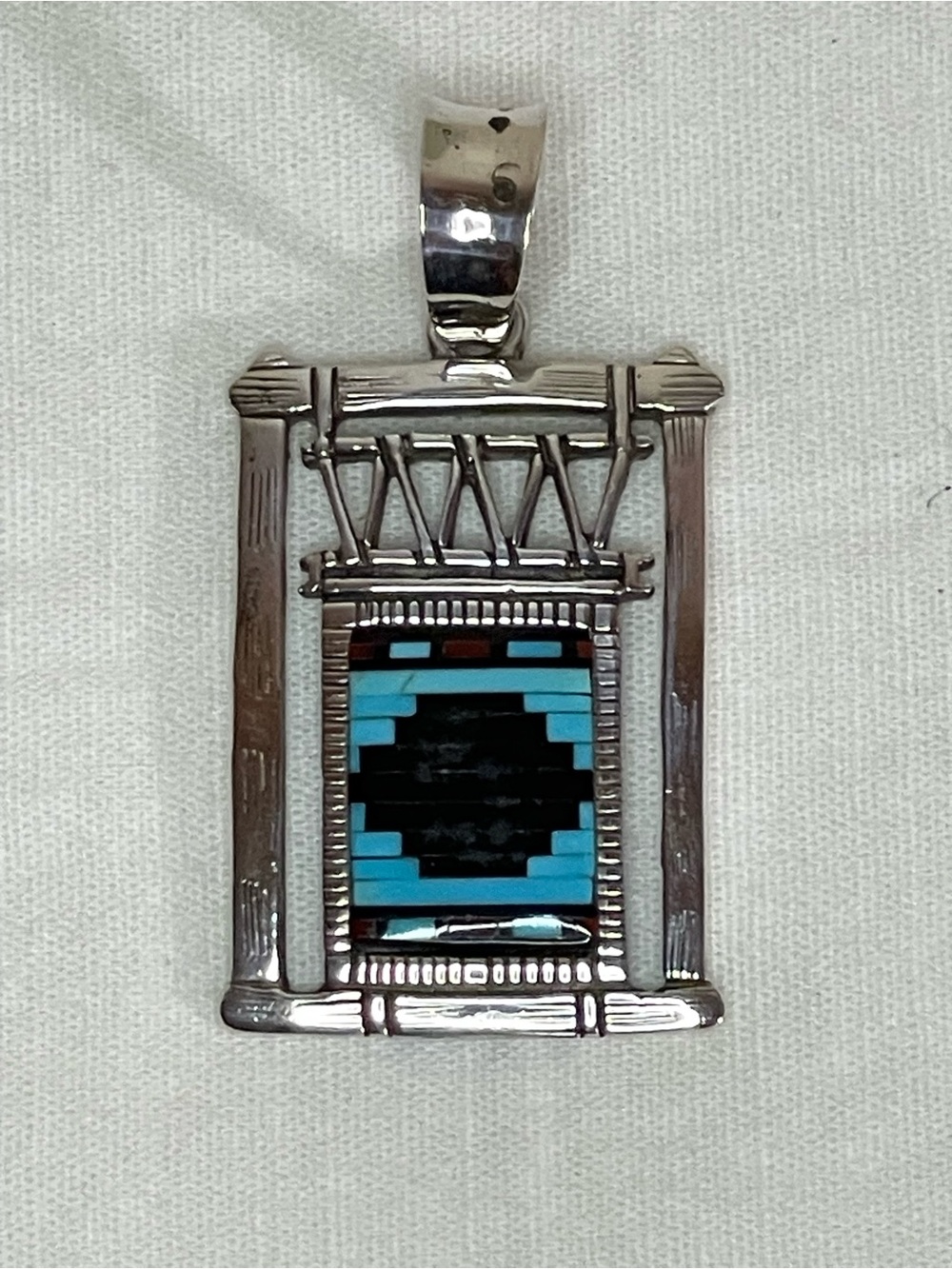 Sterling Silver Turquoise, Coral and Jet Pendant